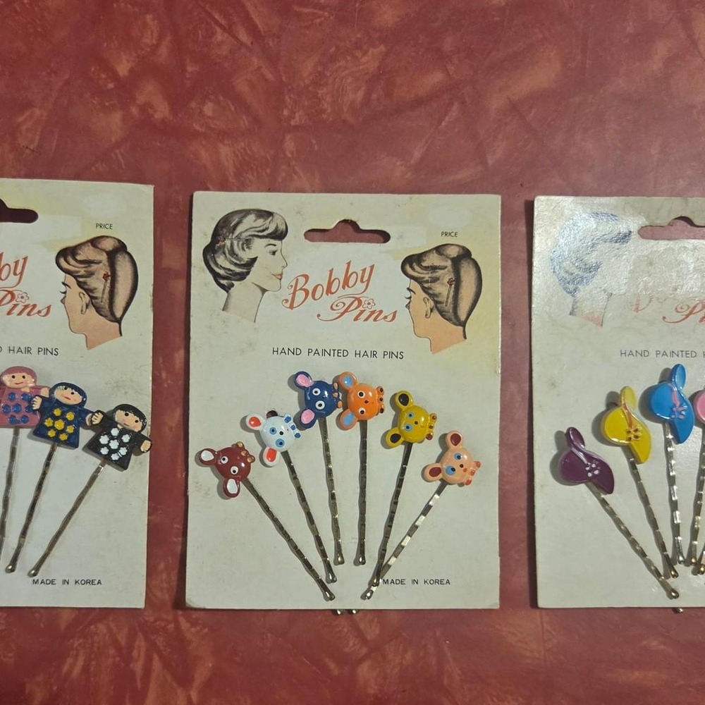 Vintage 1960s Hand Painted Bobby Pins Retro Kitsch Animal Hair Pins 3 Cards NOS